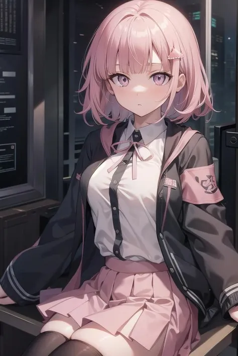 chiakinanami, <lora:chiakinanami-lora-nochekaiser:1>,
chiaki nanami, blunt bangs, pink hair, hair ornament, medium hair, (pink eyes:1.5),
BREAK black shirt, black jacket, jacket, long sleeves, neck ribbon, open clothes, open jacket, over-kneehighs, pink ribbon, pleated skirt, ribbon, shirt, skirt, thighhighs, two-tone shirt, white shirt,
BREAK looking at viewer,
BREAK indoors, classroom,
BREAK <lyco:GoodHands-beta2:1>, (masterpiece:1.2), best quality, high resolution, unity 8k wallpaper, (illustration:0.8), (beautiful detailed eyes:1.6), extremely detailed face, perfect lighting, extremely detailed CG, (perfect hands, perfect anatomy),