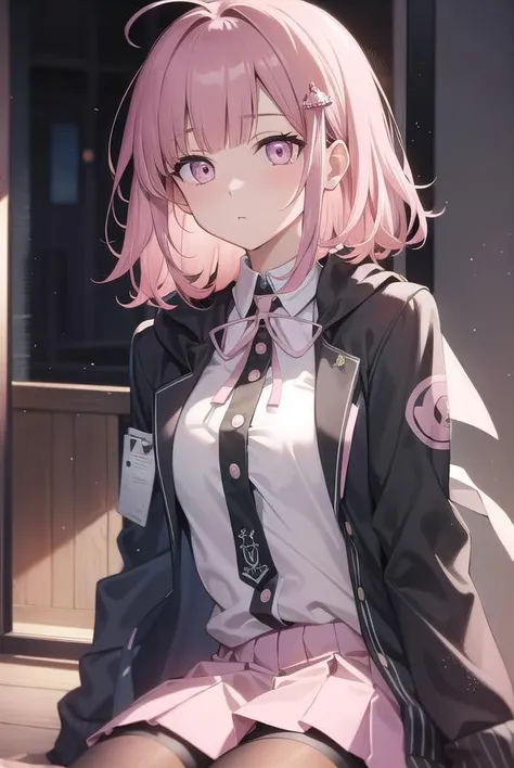 chiakinanami, <lora:chiakinanami-lora-nochekaiser:1>,
chiaki nanami, blunt bangs, pink hair, hair ornament, medium hair, (pink eyes:1.5),
BREAK black shirt, black jacket, jacket, long sleeves, neck ribbon, open clothes, open jacket, over-kneehighs, pink ribbon, pleated skirt, ribbon, shirt, skirt, thighhighs, two-tone shirt, white shirt,
BREAK looking at viewer,
BREAK indoors, classroom,
BREAK <lyco:GoodHands-beta2:1>, (masterpiece:1.2), best quality, high resolution, unity 8k wallpaper, (illustration:0.8), (beautiful detailed eyes:1.6), extremely detailed face, perfect lighting, extremely detailed CG, (perfect hands, perfect anatomy),