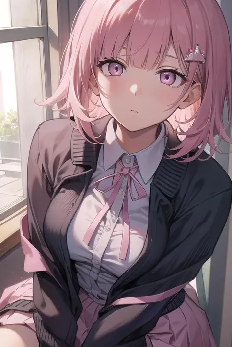 masterpiece, best quality, ultra-detailed, 1girl, pink hair, short hair, ((blunt bangs)), flipped hair, (jitome), {gray blazer, white business shirt, pink ribbon, dark gray pleated skirt, black high socks, black kneehighs, Knee-length skirt}, blue eyes, Medium chest、slim、smile 、On the bed、sitting cross-legged, indian style, sitting,