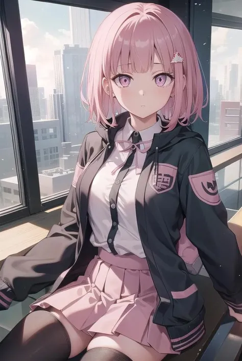 chiakinanami, <lora:chiakinanami-lora-nochekaiser:1>,
chiaki nanami, blunt bangs, pink hair, hair ornament, medium hair, (pink eyes:1.5),
BREAK black shirt, black jacket, jacket, long sleeves, neck ribbon, open clothes, open jacket, over-kneehighs, pink ribbon, pleated skirt, ribbon, shirt, skirt, thighhighs, two-tone shirt, white shirt,
BREAK looking at viewer,
BREAK indoors, classroom,
BREAK <lyco:GoodHands-beta2:1>, (masterpiece:1.2), best quality, high resolution, unity 8k wallpaper, (illustration:0.8), (beautiful detailed eyes:1.6), extremely detailed face, perfect lighting, extremely detailed CG, (perfect hands, perfect anatomy),