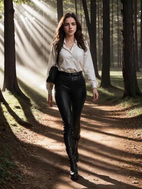 Analog photo, tv_Amina_Olsson_MXAI, walking through the woods, wearing a leather duster, wearing leather pants, wearing a white shirt, wearing black boots, walking towards the camera, golden hour, god rays, (((Ultra-HD-details, Ultra-HD-detailed, Ultra-HD-realistic))), 8k uhd, dslr, soft lighting, high quality, film grain, Fujifilm XT3