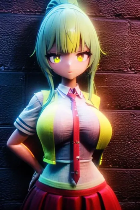 <lora:AManOfCulture - 3DRender [v2]:0.7>, (3d:0.4), (shiny, shiny skin:1.2), <lora:MMD:0.6> , (mmd:1.1), <lora:Vicineko3:0.3>, <lora:BackgroundDetailer:-1.4>
<lora:BlackLightRGB:0.6> , blacklight, neon, darkroom, glowing, glowing eyes, <lora:Blacklight Anime Style:0.6> , blacklightdskstyle, <lora:Dark Style:0.4> , cinematic lighting, David Park, lights
<lora:Sonozaki Mion(hnnk):0.8> , 1girl, sonozaki mion, long hair, green hair, high ponytail, parted bangs, green eyes,  large breasts, (yellow vest, cropped vest, open clothes, collared shirt, red necktie, white shirt, short sleeves, tight, red skirt, long skirt)
outdoors, stone wall, brick wall, against wall, (upper body:1.2)