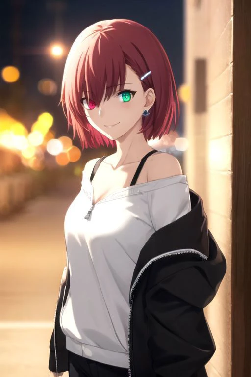 ((masterpiece, best quality)), (hyper detailed, detailed background), 1girl, hair over eye, heterochromia, smirk, short hair, red hair, glowing eyes, particles, white shirt, hoodie with zipper, Off shoulder, hairclips, cinematic light, looking at viewer, wind, close-up, night, dynamic angle, blurred edges of the picture, cowboy shot, depth of field