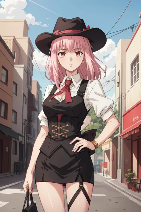 best quality, intricate details, 
1girl,   
 <lora:moriCalliopeHololive_v10:0.8>  callirnd,pink hair,callicow, cowboy hat,
 <lora:ufotableArtstyle_locon:0.8> ufotable style, anime screencap,