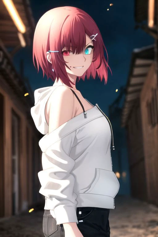 ((masterpiece, best quality)), (hyper detailed, detailed background), 1girl, hair over eye, heterochromia, evil smirk, short hair, red hair, glowing eyes, particles, white shirt, hoodie with zipper, off shoulder, hairclips, cinematic light, looking at viewer, wind, close-up, night, dynamic angle, cowboy shot, depth of field