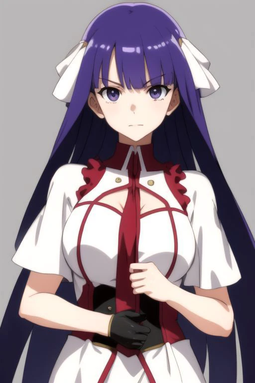 best quality, masterpiece, highres, solo, {ufotable:1.20}, 1girl, parody, anime_coloring, white_shirt, red lines on clothes, looking_at_viewer, big breast , upper_body, large hair, purple hair, dull eyes, armored_dress, two ribbon, boxing , posing , shade face,
 BREAK  background church,