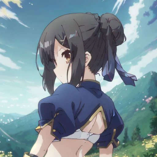 Masterpiece_portrait, hyper_detail,anime_art_style, anime art style, 1girl, solo, black_hair, gauntlets, hair_ornament, ribbon, hairclip, day, hair_ribbon, brown_eyes, short_sleeves, sky, puffy_sleeves, blue_ribbon, puffy_short_sleeves, looking_at_viewer, outdoors, blue_sky, upper_body, (looking_back),single_hair_bun, chibi, (two bra button), tassets armor