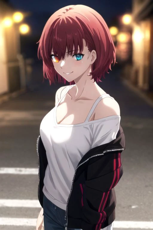 ((masterpiece, best quality)), (hyper detailed, detailed background), 1girl, hair over eye, heterochromia, smirk, short hair, red hair, glowing eyes, awesome eyes, spiral pupils, white shirt, hoodie with zipper, wind, Off shoulder, cinematic light, looking at viewer, close-up, night, dynamic angle,