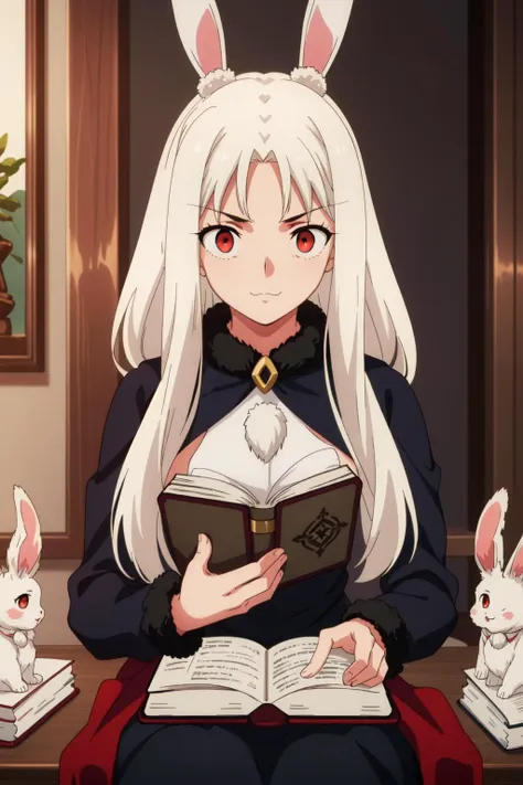 1girl, rabbit girl, white fur, furry, anthro, bunny ears,(red eyes:1.5),  (rabbit nose:1.3) whiskers, :3, petite, small breasts, white hair, braids, 
black dress, long dress, black cowl, cloak,  long sleeves, casting spell, (floating magic book:1.5)
uploaded on e621, anthro, nsfw, explicit, explict,  high res, (detailed realistic image:1.3), (detailed eyes, beautiful expressive eyes:1), impasto impressionism, insane details, soft, (hyper realistic fur:1.2), (detailed fur:1.3), pupils, (fur covered body:1.2), (expressive face, detailed face:1), (realistic:1), (photorealistic, photo-realistic:1),full color, (3d:1), (highly detailed:1.2), masterpiece, 8k uhd, (seductive, seductive smirk:1), (library background),(sitting in chair:1), (first person view), (white fur), candles, tables, bookshelves,
<lora:ufotableArtstyle_locon:0.8> ufotable style, anime screencap,