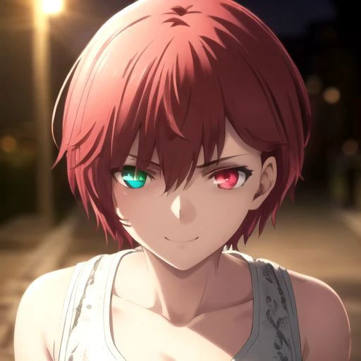 ((masterpiece, best quality)), (hyper detailed, detailed background), 1girl, hair over eye, heterochromia, smirk, short hair, red hair, glowing eyes, awesome eyes, awesome pupils, cinematic light, looking at viewer, close-up, night, dynamic angle,