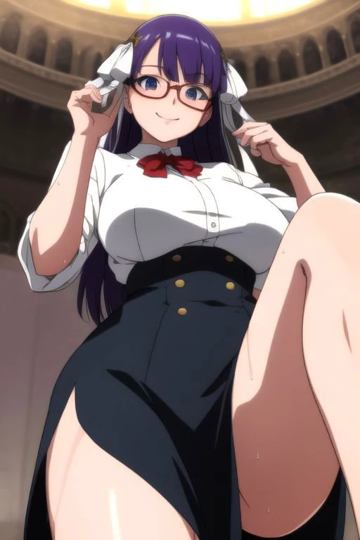 best quality, masterpiece, highres, solo, 1girl, parody, anime_coloring, white_shirt, red lines on clothes, looking_at_viewer, big breast , from below, large hair, purple hair, dull eyes, two ribbon, ribbon white, wet skin, oily skin, posing , shade face, glasses, glasses blue, smile,
BREAK background church,