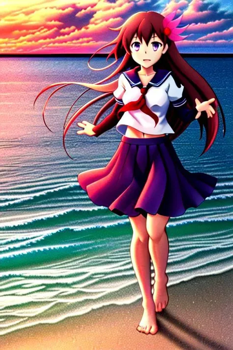 masterpiece, best quality, highly detailed, outdoors, anime, ufotable style, anime screencap, 1girl, solo, kisaragi_kantaicollection, long_hair, brown_hair, hair_ornament, purple_eyes, serafuku, full body, cloudy, sunrise, cinematic, open field background, beach, sea, water