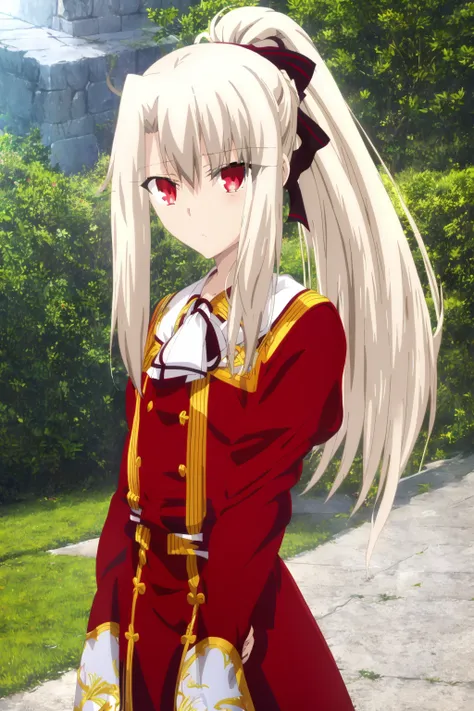 masterpiece, best quality, <lora:ufu:1>, 1girl, white hair, red eyes, upperbody, looking at viewer, anime screencap, anime coloring, illyasviel von einzbern, long hair, ponytail,