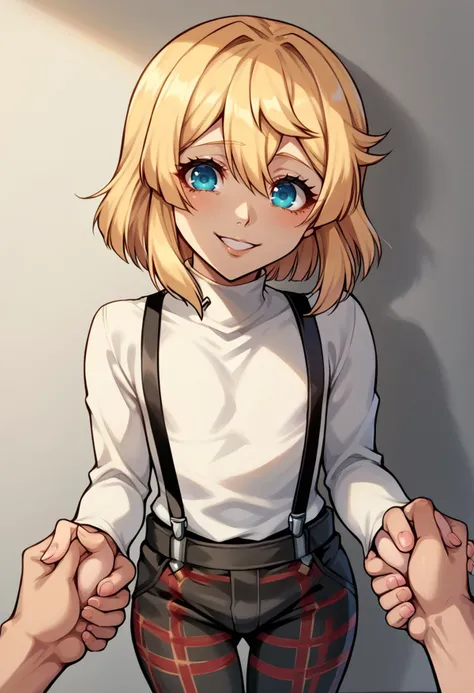 score_9, score_8_up, source_anime, highly detailed, femboy, otoko no ko, solo, BREAK <lora:bridget:0.8> bridget (guilty gear) , bridgetSDXL, 1boy, blue eyes, blonde hair, hair between eyes, medium hair, <lora:ChamShuujinAcademyUniformPonyXL:1> BoySuspenders, white turtleneck, suspenders, plaid pants, smile, holding another's arm, pov, from above,