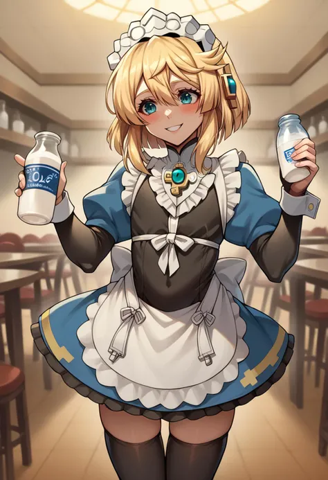 score_9, score_8_up, source_anime, highly detailed, femboy, otoko no ko, solo, BREAK <lora:bridget:0.7> bridget (guilty gear) , bridgetSDXL, 1boy, blue eyes, blonde hair, hair between eyes, medium hair, <lora:fatesmaid-fe-richy-v1_pdxl:0.8> fates maid, maid headdress, maid apron, bridal gauntlets, black thighhighs, cafe, holding milk bottle, smile, blush,