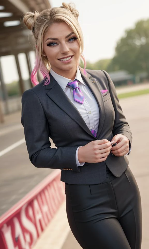 ablisswwe2023, 1girl, best quality, masterpiece, depth of field, 5 fingers, raw photo, photorealistic, blonde, smile, mascara, big eyelashes, full body, business suit, necktie, colourful, hair bun, wwe