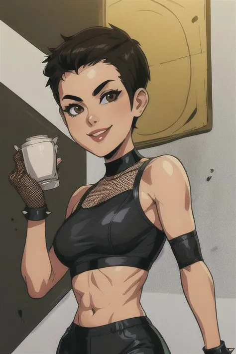spiky bald hairstyle, short hair, mexican skin, gloves, tight, fishnet crop top military, 1girl ,dark black hair, ((hair cut super short,)), soft Brown eyes, smile lips, hold a bomb botton