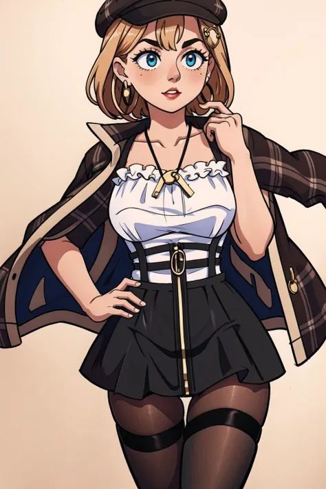 best quality, intricate details,
<lora:ameliaWatsonHololive_v2AllOutfits:0.8> amelia watson, monocle hair ornament,, thighhighs, amelia_casual, frilled shirt, collarbone, black skirt, pantyhose, (amelia_casual accesories:0) suspender skirt, zipper pull tab, brown headwear, plaid jacket, heart earrings, key necklace,