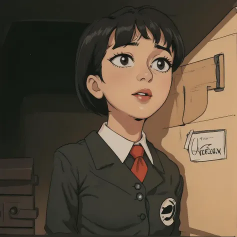 1girl, bangs, black_eyes, black_hair, buttons, cardboard_box, collared_shirt, locker, looking_at_viewer, necktie, parted_lips, school uniform, shirt, short_hair, solo, upper_body, vest, white_shirt, wing collar