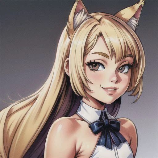 A realistic, highly detailed youthful petite 18 year old young adult girl with long blonde hair, brown almond shaped eyes, blonde cat ears, smug smile, bow-shaped lips, snub nose, round chin, white skin, wearing feint makeup, female fantasy attire, with accurate body proportions, highly detailed facial features, volumetric lighting, volumetric shadows, basic background, unposed, and styled as a HD photo.