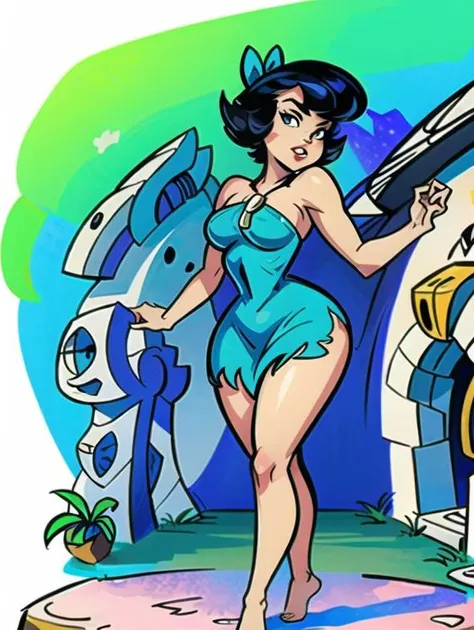 ((full body)((sexy)) photo in front of her (Stone house) of ( 1girl) solo, full body, Betty Rubble, short hair, hair bow,(( dress)), <lora:Betty_Rubble1-10:0.95> ,standing, barefoot, forest,(Flintstones) , full lips, smooth skin, voluptuous athletic muscular tall body, nice slim body, d & d,pinup at ((jungle background)), ((centered, on view)), jim lee, Scottish|German folklore, concept art, fantasy, intricate, elegant, highly detailed, digital painting, artstation, concept art, smooth, sharp focus, illustration, art by artgerm and greg rutkowski and alphonse mucha