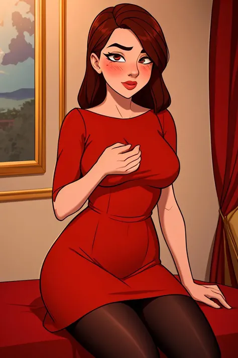 (masterpiece, best quality), 1girl, red dress, pantyhose, cute face, blush,
