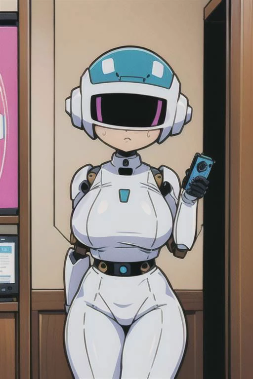 a photograph of a screen showing a photo of a robot next to a phone, one-eyed, robot, (no humans), phone, science fiction, thicc