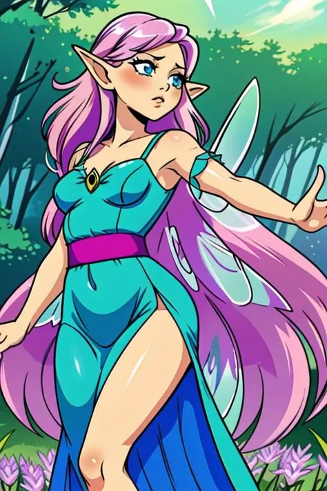 masterpiece, best quality, high quality, ultra-detailed illustration, extremely delicate and beautiful fairy 1girl, (light purple long hair), (blue eyes), (elf ears), (small breasts, sassy, green dress:1.2), (blue fairy wings, flying:1.2), (pink hair flower:1.1), (detailed forest background)