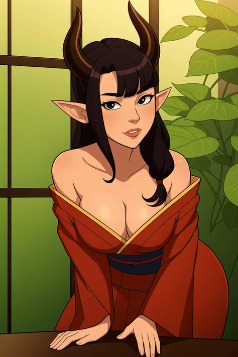 1girl, bangs, bare_shoulders, breasts, cleavage, collarbone, horns, japanese_clothes, leaning_forward, long_hair, looking_at_viewer, medium_breasts, off_shoulder, oni, oni_horns, parted_lips, red_kimono