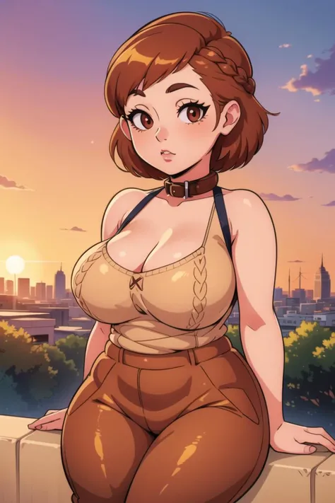girl, (hotify),(oni:1.2), Sunrise,Pop Concert,Plump,Big Breasts,Resting on a diagonal,Short Hair,French Braid,(brown Sweater,auburn Parachute Pants:1.2),Mario,Neck Leash ,(masterpiece,detailed,highres:1.2)
