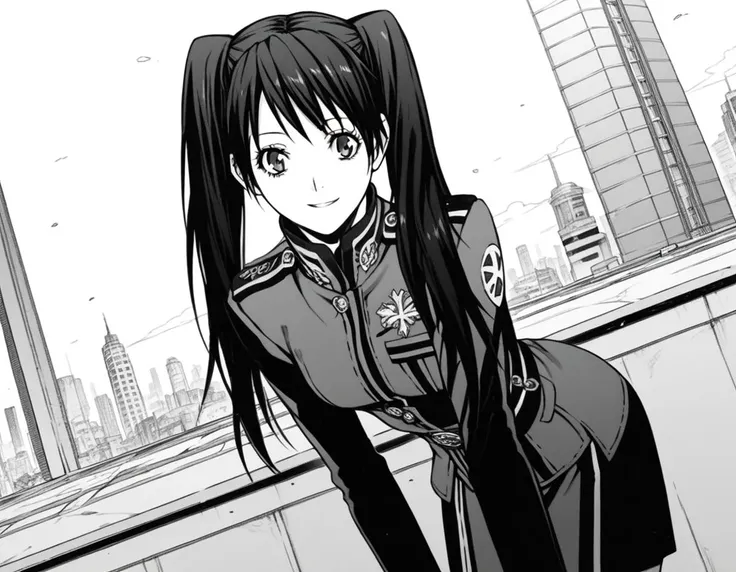 score_9, score_8_up, score_7_up, source_anime,
lenaleelee, <lora:lenalee-lee-manga-ponyxl-lora-nochekaiser:1>,
lenalee lee, long hair, bangs, twintails, monochrome, greyscale,
gloves, uniform, military, military uniform,
outdoors, cityscape, smile, bent over,
looking at viewer, solo, cowboy shot, dutch angle,