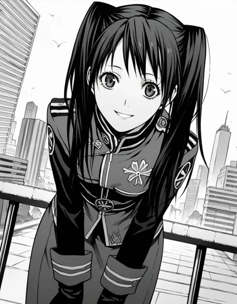 score_9, score_8_up, score_7_up, source_anime,
lenaleelee, <lora:lenalee-lee-manga-ponyxl-lora-nochekaiser:1>,
lenalee lee, long hair, bangs, twintails, monochrome, greyscale,
gloves, uniform, military, military uniform,
outdoors, cityscape, smile, bent over,
looking at viewer, solo, cowboy shot, dutch angle,