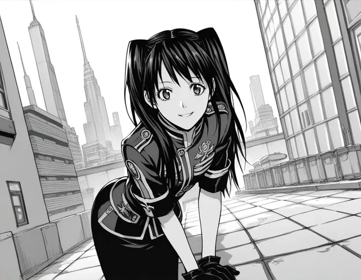 score_9, score_8_up, score_7_up, source_anime,
lenaleelee, <lora:lenalee-lee-manga-ponyxl-lora-nochekaiser:1>,
lenalee lee, long hair, bangs, twintails, monochrome, greyscale,
gloves, uniform, military, military uniform,
outdoors, cityscape, smile, bent over,
looking at viewer, solo, cowboy shot, dutch angle,