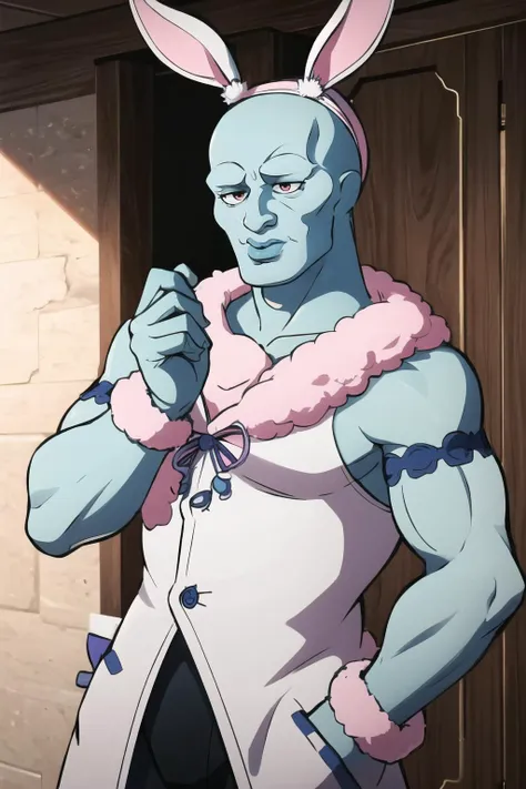 Highly detailed, High Quality, Masterpiece, beautiful, PekoraOutfit, hairband, fake rabbit ears, fur-trim, <lora:PekoraOutfit:1>, 1boy, solo, Handsome-squidward, blue skin, blue, pink lips, <lora:Char_Sigmas_HandsomeSquidward:0.9>