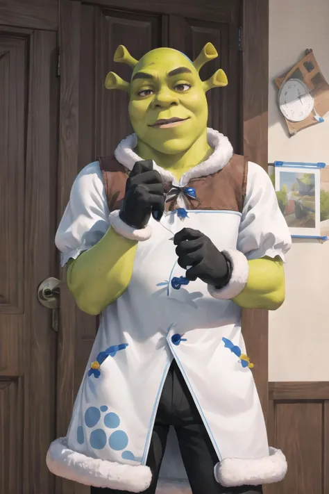 Highly detailed, High Quality, Masterpiece, beautiful, PekoraOutfit, hairband, fake rabbit ears, fur-trim, <lora:PekoraOutfit:1>, solo, shrex, green skin, ogre, shrek, <lora:Char_Sigmas_Shrek:0.9>, 1boy,