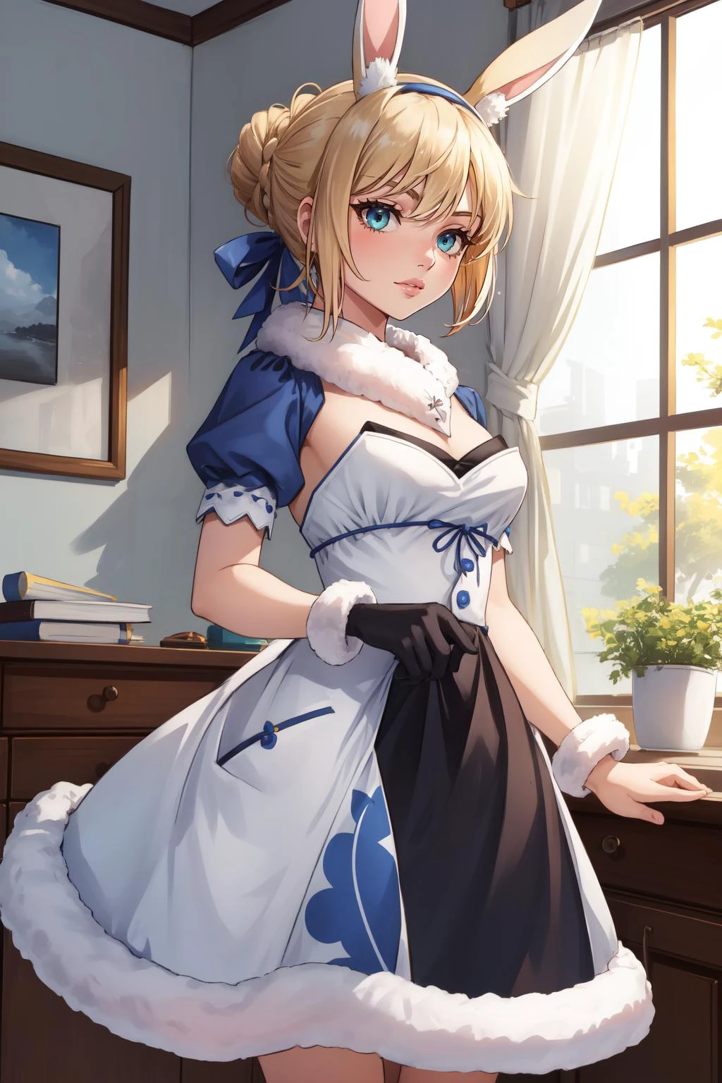 (masterpiece, best quality), intricate details,
1girl, <lora:saber-08:0.8> braid, hair ribbon, short hair,hair bun,aber,
<lora:CONCEPT-PekoraOutfit:0.8> PekoraOutfit, hairband, fake rabbit ears, fur-trim