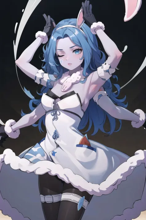 Highly detailed, High Quality, Masterpiece, beautiful, PekoraOutfit, hairband, fake rabbit ears, fur-trim, <lora:PekoraOutfit:1>, 1girl, solo, Ranni, wavy hair, blue skin, cracked skin, extra arms, extra faces, <lora:Char_EldenRing_Ranni:0.9>