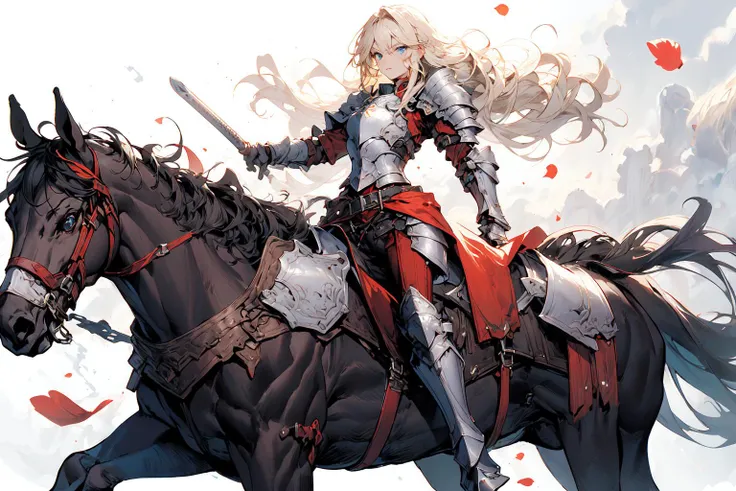 [(white background:1.5)::5], (imid shot:0.95), (full body:1.25),(masterpiece:1.2), best quality,game cg,
armor, long hair, blonde hair, 1girl, blue eyes, horse, shoulder armor, breastplate, weapon, holding, looking at viewer, horseback riding, knight, gauntlets, faulds, riding, pauldrons, outdoors, sword, closed mouth, holding weapon, solo focus, standing, plate armor, armored boots, boots, day, bangs, parted bangs, petals, wind, wavy hair, feet out of frame, solo
<lora:fantasy_20230707233406-000012:0.9>