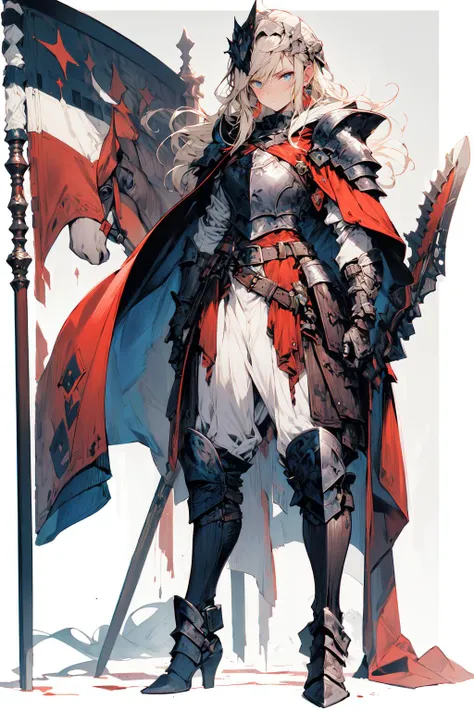 [(white background:1.5)::5], (imid shot:0.95), (full body:1.25),(masterpiece:1.2), best quality,game cg,
armor, long hair, solo focus, belt, shoulder armor, weapon, 1girl, breastplate, earrings, jewelry, looking at viewer, holding, pauldrons, gauntlets, grey eyes, cape, knight, closed mouth, flag, polearm, plate armor, full armor, red cape, holding weapon, serious, standing, helmet, faulds, blue eyes, buckle, blonde hair, banner,pike,standing by a horse,
<lora:fantasy_20230707233406-000012:0.9>