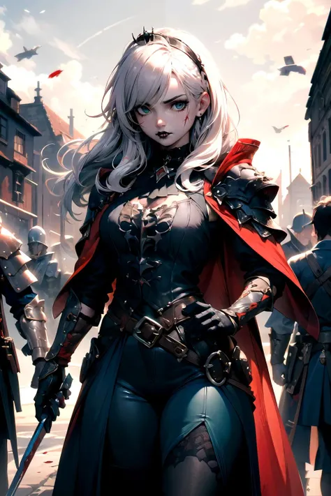(masterpiece), (best quality:1.2), absurdres, [:intricate details:5], solo, ((beautiful detailed eyes)), (detailed light), (1girl:1.4), young girl, (cowboy shot), voluptuous white hair, cute face, beautiful detailed face, serious, determined face, looking to the side, pale skin, slim build, detailed hands, (gothic style:1.6), fantasy, medieval clothing, (warrior, plate armor), tiara, hair fluttering in the wind, cloak, heroic pose, movement, <lora:fantasy_20230707233406:0.6>, outdoors, (battlefield:1.4), defeated enemies, (medieval army on the background:1.3), (random knights in armour, dirt and blood on the face), the height of the battle, warriors fight in the background, gloomy style, barbarians, chaotic, action, tension, stunning, awe-inspiring, (Style-Renaissance:0.4), sketch, (priscm;blue:1.5), (priscm;red:1.8), (priscm;green:1.5), intense shadows, <lora:stylized_3dcg_v4-epoch:0.3> <lora:epiNoiseoffset_v2:0.2> <lora:hiqcg_body_epoch:0.2>