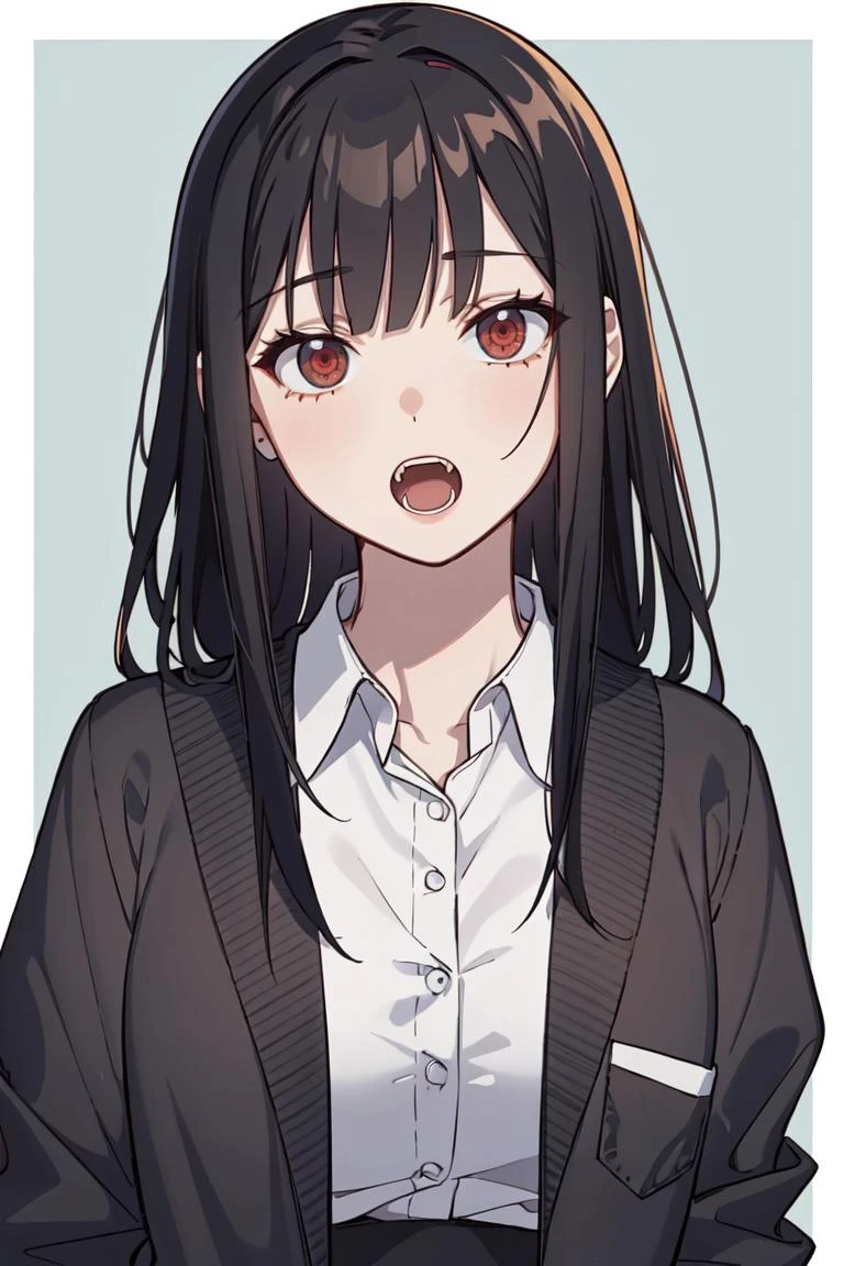 red eyes, ringed eyes, (extremely detailed CG unity 8k wallpaper),(masterpiece),(best quality),(ultra-detailed),(best illustration),(best shadow),(absurdres),1girl,solo,<lora:chihara-10:0.5>,Chihara, 1girl, solo, open mouth, fangs, black hair, long hair, looking at viewer, grey shirt, border, black border, brown eyes, shirt, bangs, jacket, simple background, upper body, open clothes, blue background