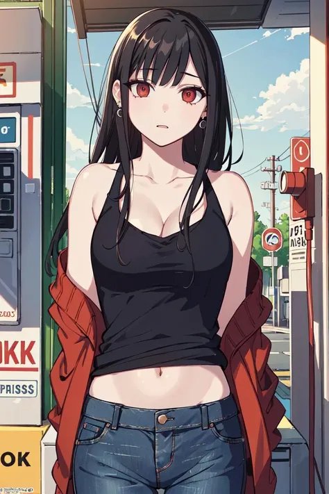 (extremely detailed CG unity 8k wallpaper),(masterpiece),(best quality),(ultra-detailed),(best illustration),(best shadow),(absurdres),1girl,solo,<lora:chihara-10:0.6>,Chihara,  jeans ,black hair, red eyes,  tank top, breasts, earrings, one arm in jacket, navel, jewelry, long hair, cleavage, looking away from viewer, gas station