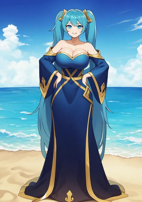 ((masterpiece)), (best quality:1.7), (detailed:1.4), (high res:1.4), 8k, (colorful:1.5), 2d, high resolution, sharped image, 4k, hd, sona_league, 1girl, (((solo))), aqua hair, blue eyes, ((twintails)), long hair, very long hair, hair ornament, smile, parted lips, huge breasts, cleavage, collarbone, looking at viewer, blue dress, wide sleeves, long dress, bare shoulders, off shoulders, low neckline, ((full body)), sun, sky, beach, gold edges, alternative custome, bottom ornaments, strapless, hands on own hip, high heels, <lora:sona_league:0.6>, <lora:thickerLinesanimeStyle:0.6>