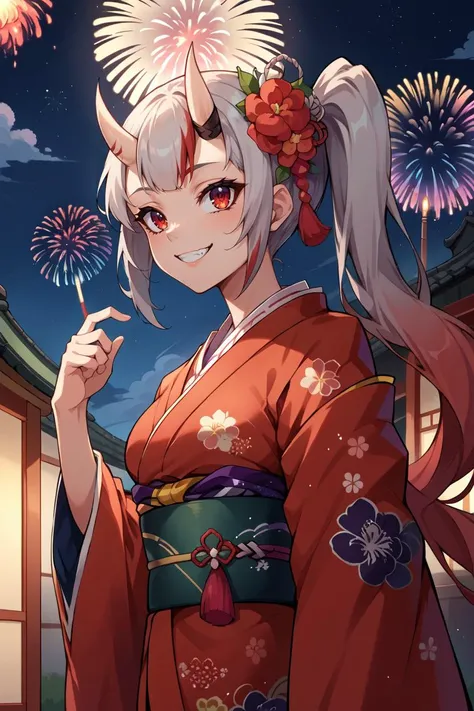 score_9, score_8_up, source_anime, 1girl, solo BREAK <lora:CHAR-NakiriAyamePonyXL:1> AyameNewYears, oni horns, long hair, side ponytail, red kimono, floral print, hair flower, sash, haori, night sky, fireworks, looking up, smile