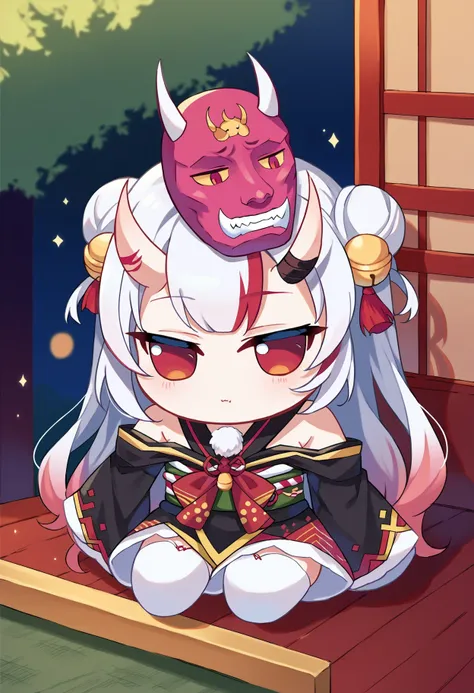 score_9, score_8_up,score_7_up, source_ anime, (fumo \(doll\), chibi, sitting,:1.1) 
AyameBase, oni horns, long hair, double bun, black kimono, short kimono, hair bell, obi, shimenawa, white thighhighs, bare shoulders, long sleeves, oni mask, mask on head
 <lora:style_toyfumo_ponyXL:1>   <lora:NakiriAyamePDXL:0.7>