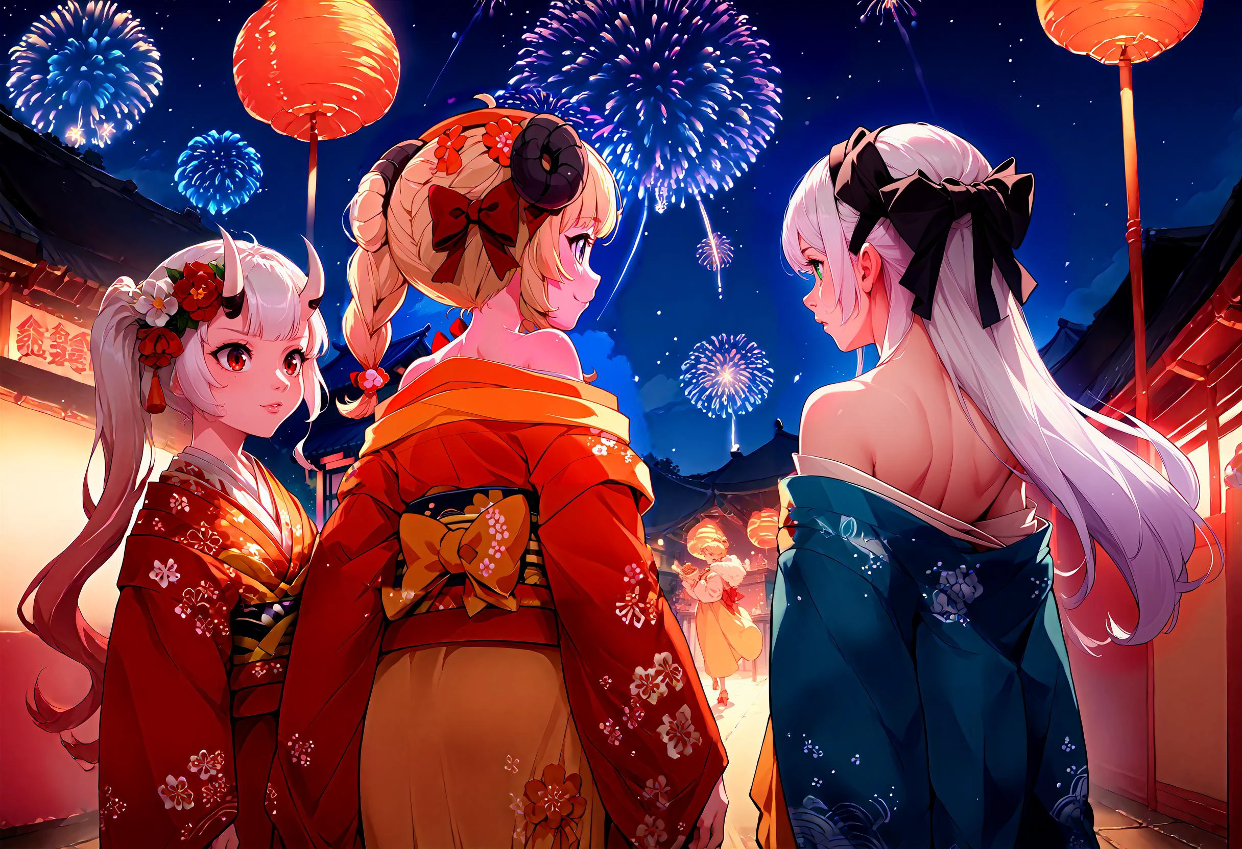 3girls, night, off shoulder, fireworks, summer festival, cowboy shot,
BREAK <lora:NakiriAyamePDXL:1>, AyameNewYears, oni horns, long hair, side ponytail, red kimono, floral print, hair flower, sash, haori,
BREAK <lora:CHAR-TsunomakiWatamePonyXL:1>, WatameNewYears, twin braids, hair flower, red kimono, yellow hakama skirt, bow, floral print, sash, fur scarf, hat, from behind,
BREAK <lora:elie-pdxl-nvwls-v1:1>, rndElie, hairband, hair ribbon, kimono, white hair, long hair, looking to the side, from behind,