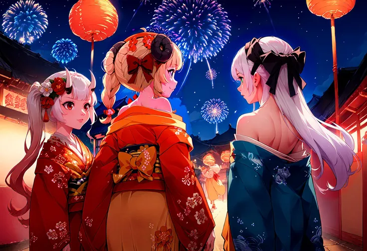 3girls, night, off shoulder, fireworks, summer festival, cowboy shot, 
BREAK  <lora:NakiriAyamePDXL:1>, AyameNewYears, oni horns, long hair, side ponytail, red kimono, floral print, hair flower, sash, haori,
BREAK  <lora:CHAR-TsunomakiWatamePonyXL:1>, WatameNewYears, twin braids, hair flower, red kimono, yellow hakama skirt, bow, floral print, sash, fur scarf, hat, from behind, 
BREAK <lora:elie-pdxl-nvwls-v1:1>, rndElie, hairband, hair ribbon, kimono, white hair, long hair, looking to the side, from behind,