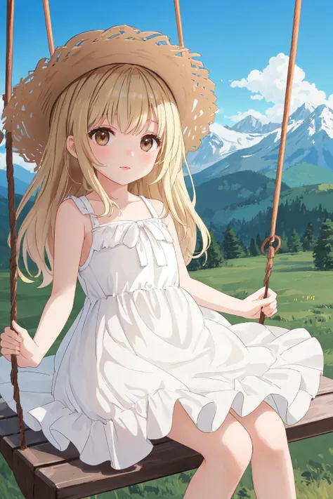 (masterpiece:1.3),best quality,high resolution,unity 8k wallpaper,(illustration:1),perfect lighting,
finely detail,extremely detailed,soft lighting and shadow,soft yet striking lighting,film grain:1.2,
(a big swing:1.2), sundress, straw hat, (long blonde hair,brown eyes:1.5),eyes in highlight ,catch light eyes,specular highlight eyes,1girl,(:1.1),sitting,in the sky, mountain alps,happy