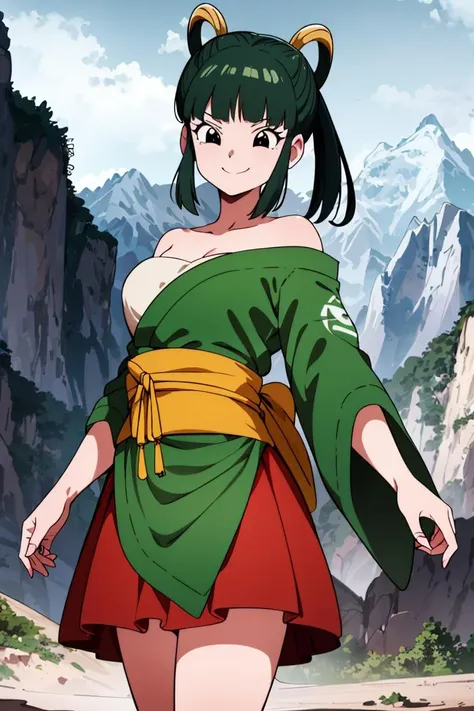 ((masterpiece,best quality)), absurdres,
<lora:Yurin_DB:0.7>, Yurin_DB, green kimono, red skirt, sarashi, single bare shoulder,
Detailed face, smiling,
cowboy shot, looking at viewer,
mountain in background, cinematic composition, dynamic pose,