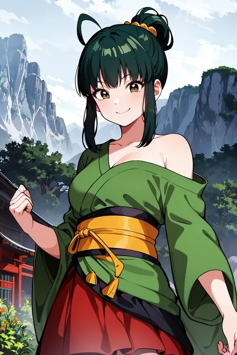 ((masterpiece,best quality)), absurdres,
<lora:Yurin_DB:0.6>, Yurin_DB, green kimono, red skirt, sarashi, single bare shoulder,
Detailed face, smiling,
looking at viewer,
mountain in background, cinematic composition, dynamic pose,